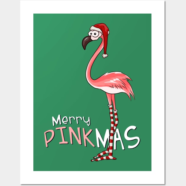 Merry Pinkmas Christmas Flamingo in Santa Costume Wall Art by SkizzenMonster